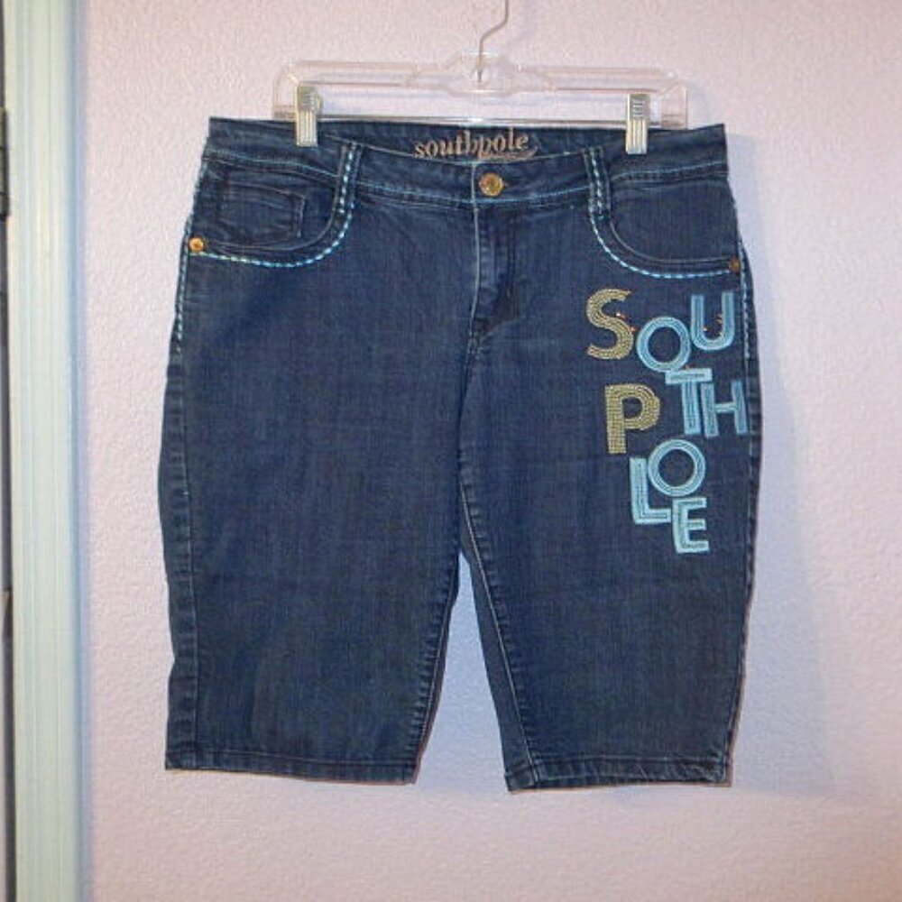 Vtg Y2K Southpole Denim Jean Shorts 16 Embroidered Bermuda Logo Studs Hip Hop